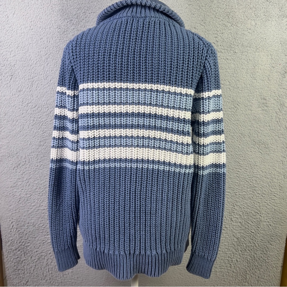 LL Bean Sweater Womens Medium Blue Striped 1/4 Snap Mock Neck Chunky Knit Cotton - Picture 3 of 8